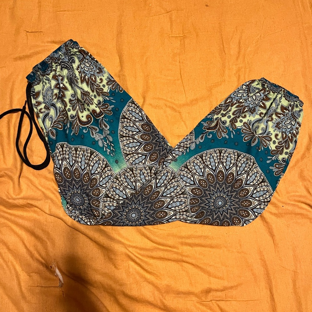 NWOT Earthbound Hippie Blue Hues and Brown Print Pants